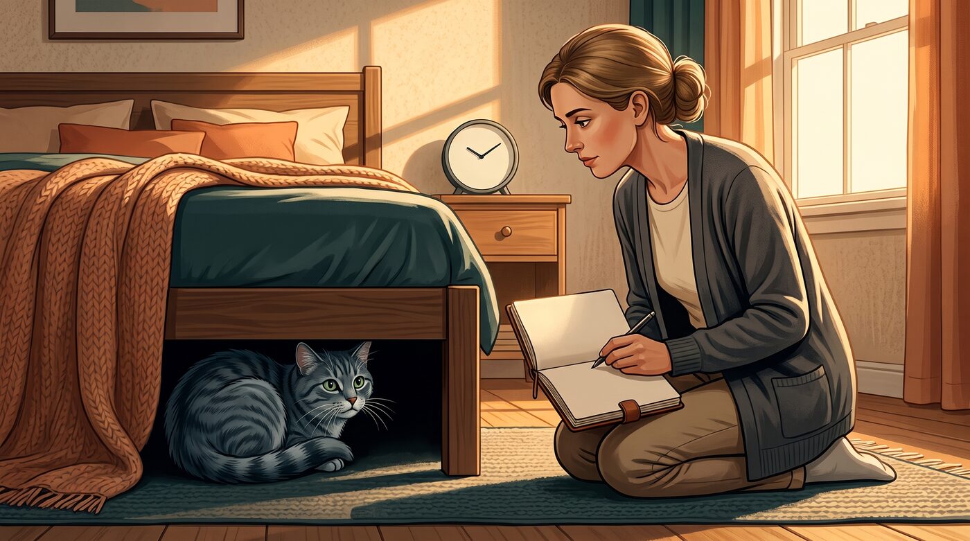 Tutora anotando em um caderno próxima à cama, com o gato escondido embaixo do móvel observando