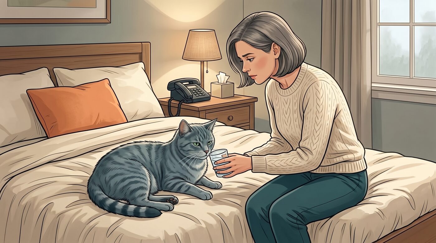 Gato cinza se lambendo e se limpando sentado em uma poltrona, com pelos soltos ao redor