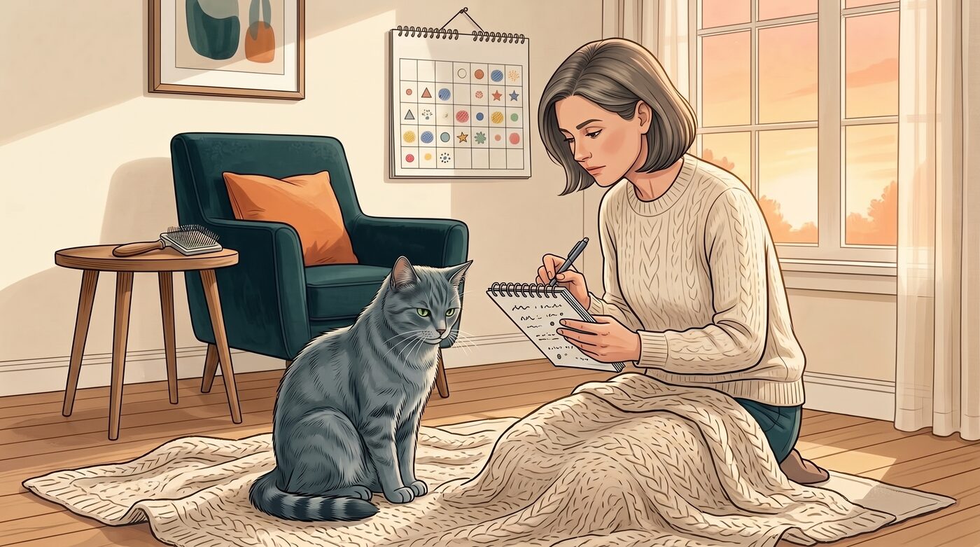 Tutora anotando em um caderno ao lado do gato, com um calendário de acompanhamento na parede