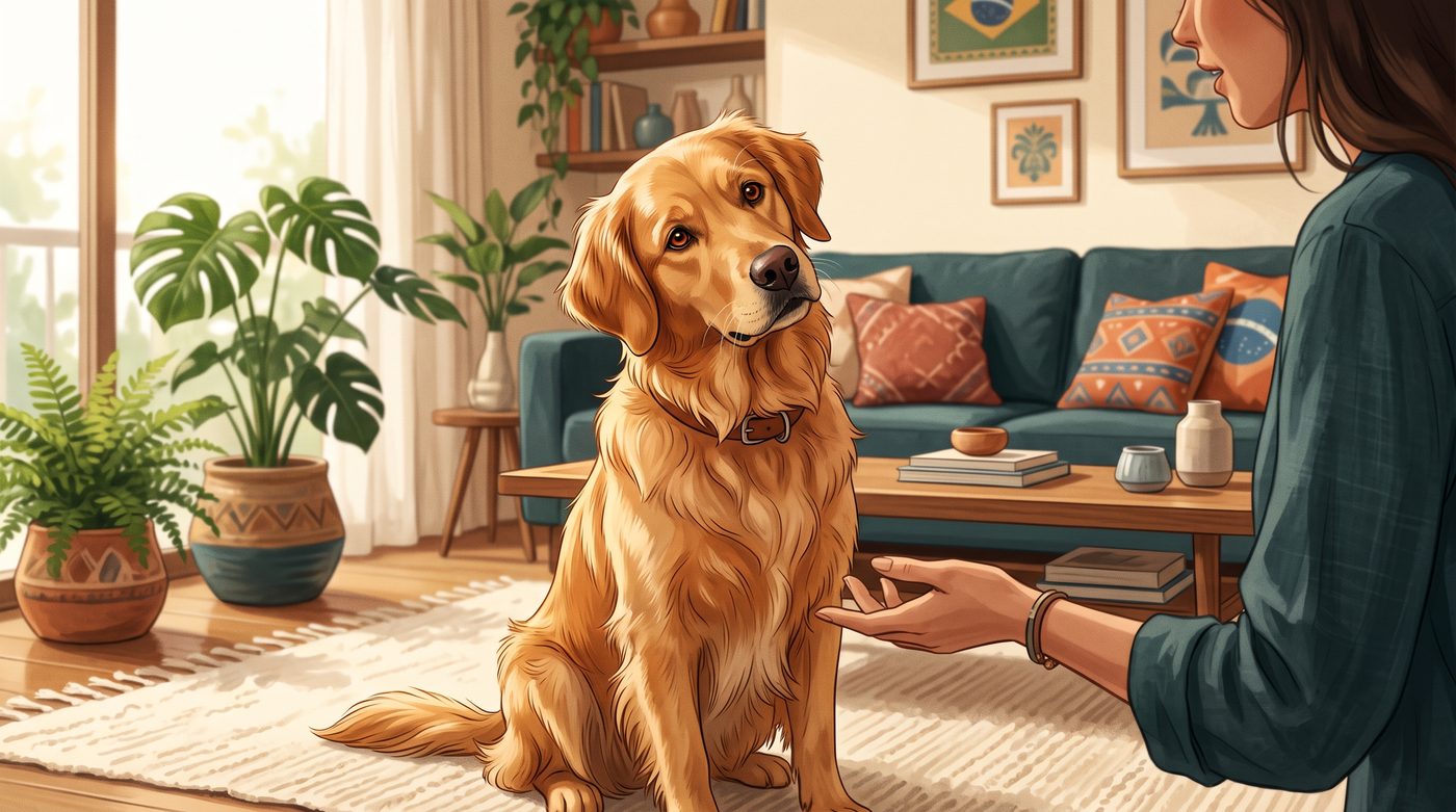Cachorro golden retriever inclinando a cabeça atentamente enquanto a tutora fala com ele