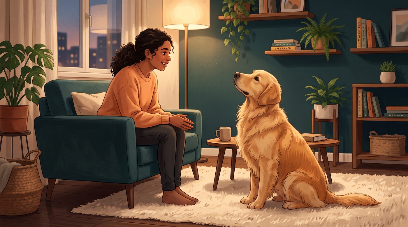 Tutora sentada com cachorro atento, ambiente iluminado à noite, observando as expressões dela de perto