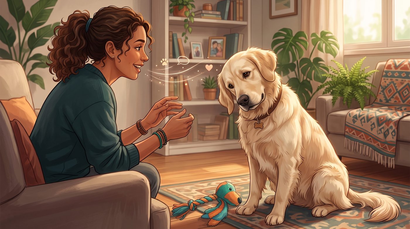 Tutora conversando com o cachorro, brinquedo no chão, momento de conexão e atenção entre os dois
