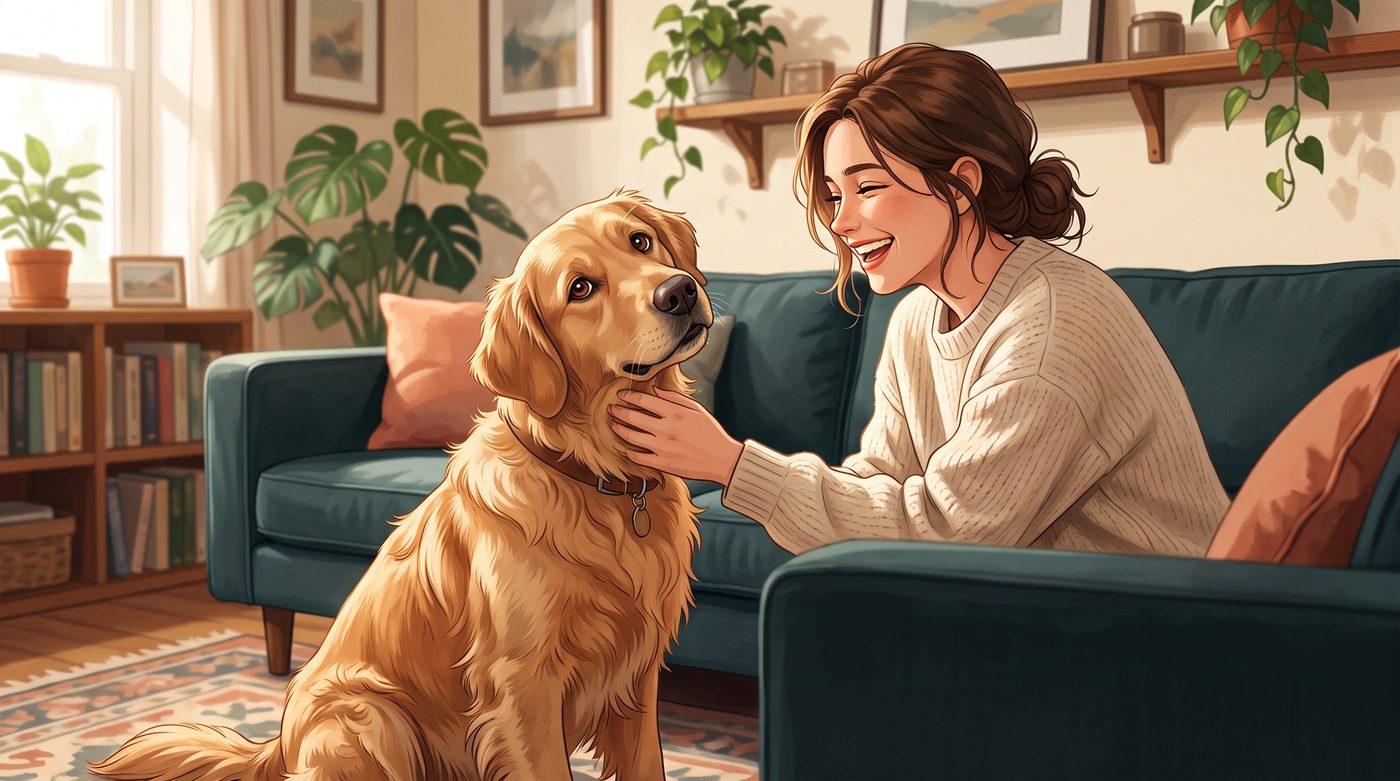 Tutora sorrindo e acariciando o cachorro com carinho, demonstrando reação positiva ao comportamento dele