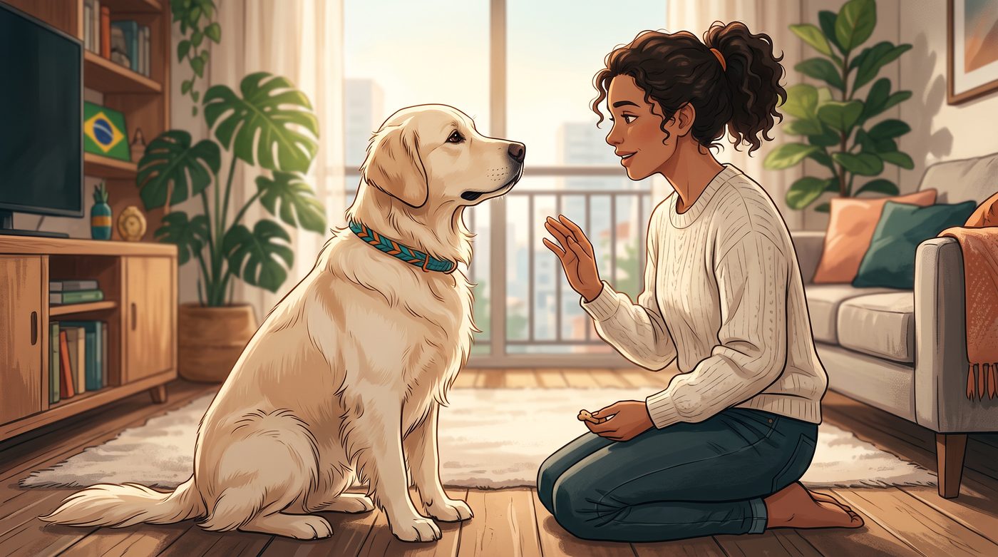 Tutora oferecendo um petisco ao cachorro, que observa atento com a cabeça ligeiramente inclinada