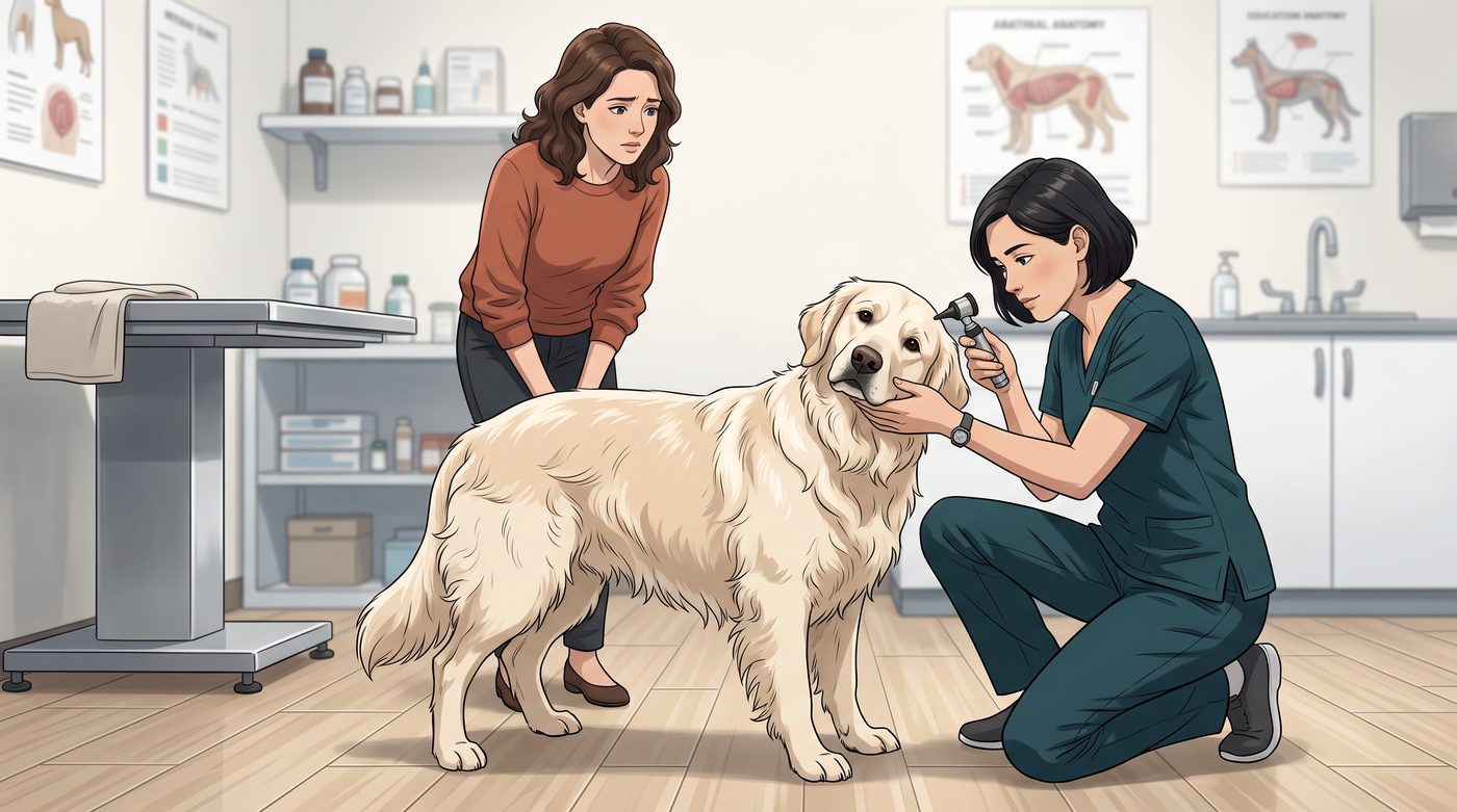 Veterinária examinando as orelhas do cachorro com otoscópio, tutora observando atentamente ao lado