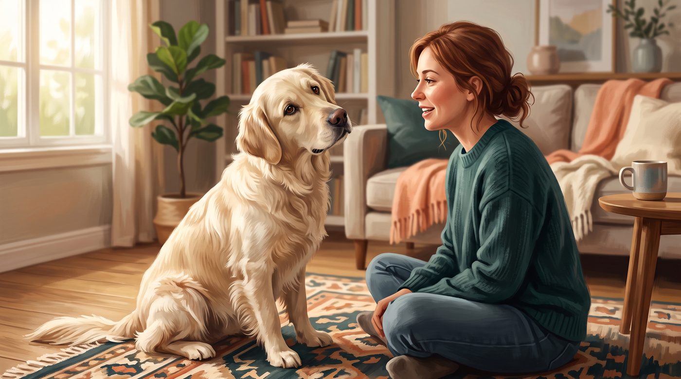 Cachorro olhando atentamente para a tutora em ambiente aconchegante, demonstrando conexão e atenção