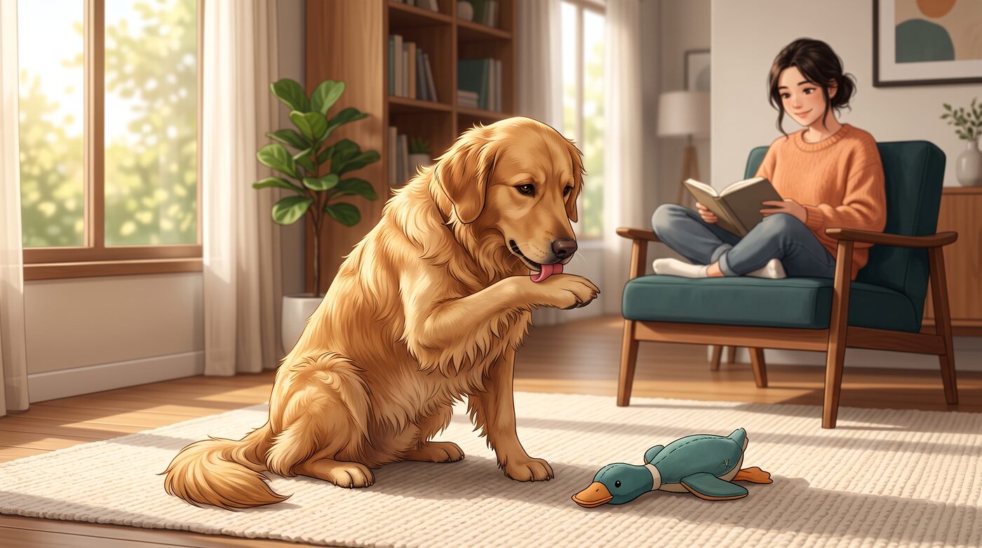Cachorro golden retriever lambendo a própria pata na sala, com a tutora lendo um livro ao fundo