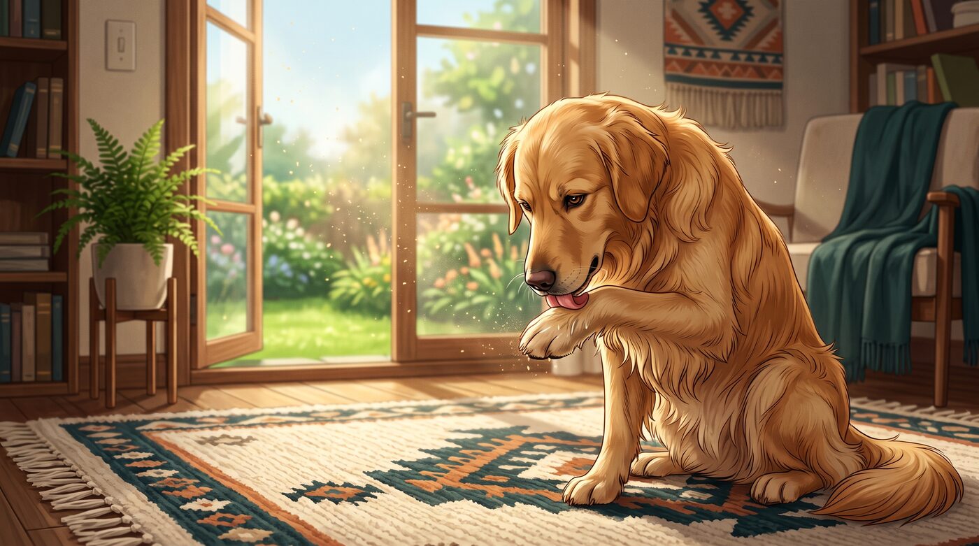 Cachorro golden retriever lambendo insistentemente a própria pata em uma sala iluminada pelo sol