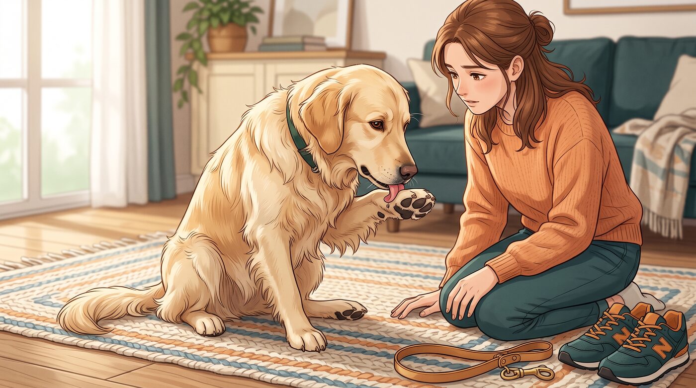 Tutora examinando de perto a pata do cachorro golden retriever sentado ao seu lado, com a guia no chão