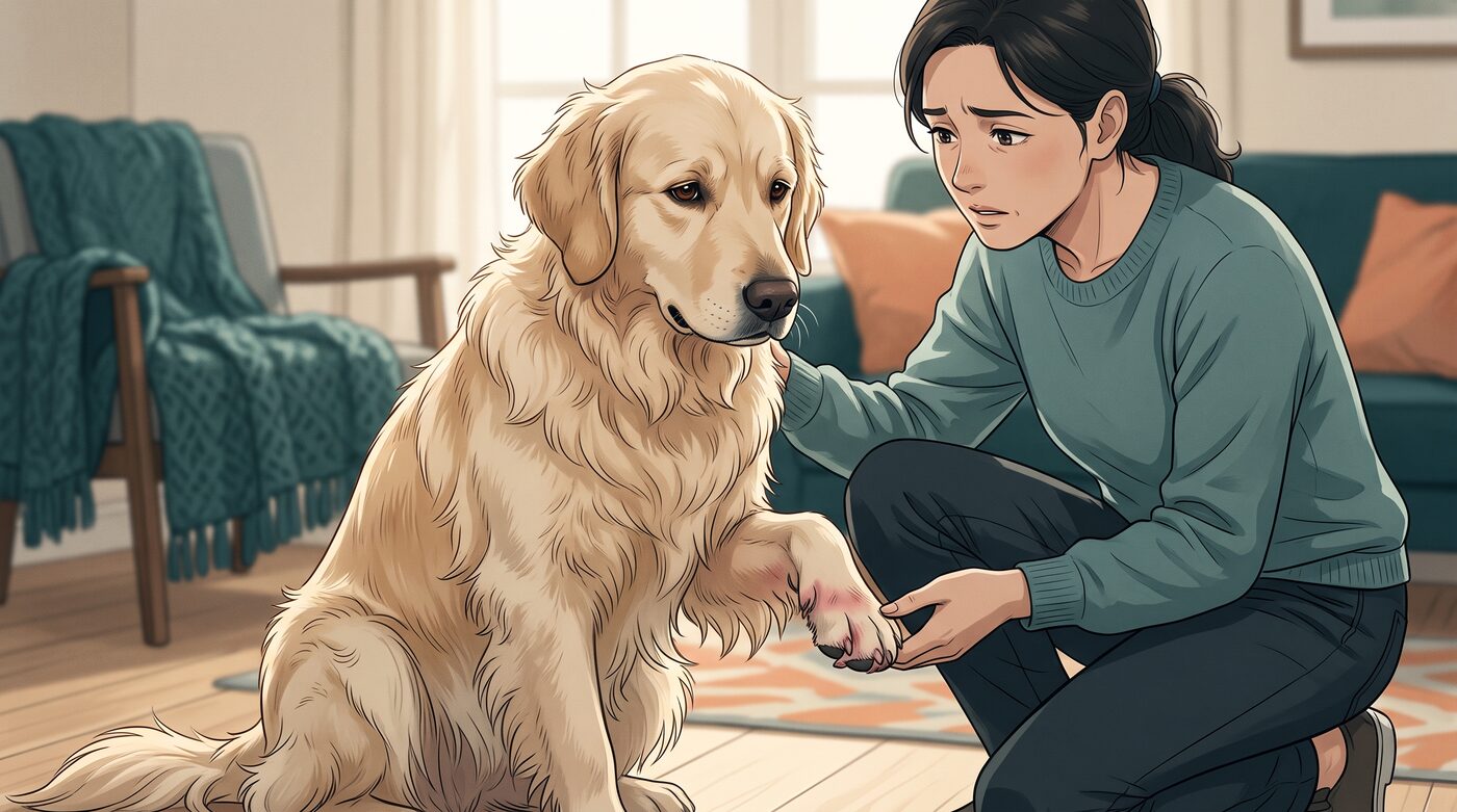 Tutora preocupada examinando a pata avermelhada do cachorro golden retriever na sala de casa