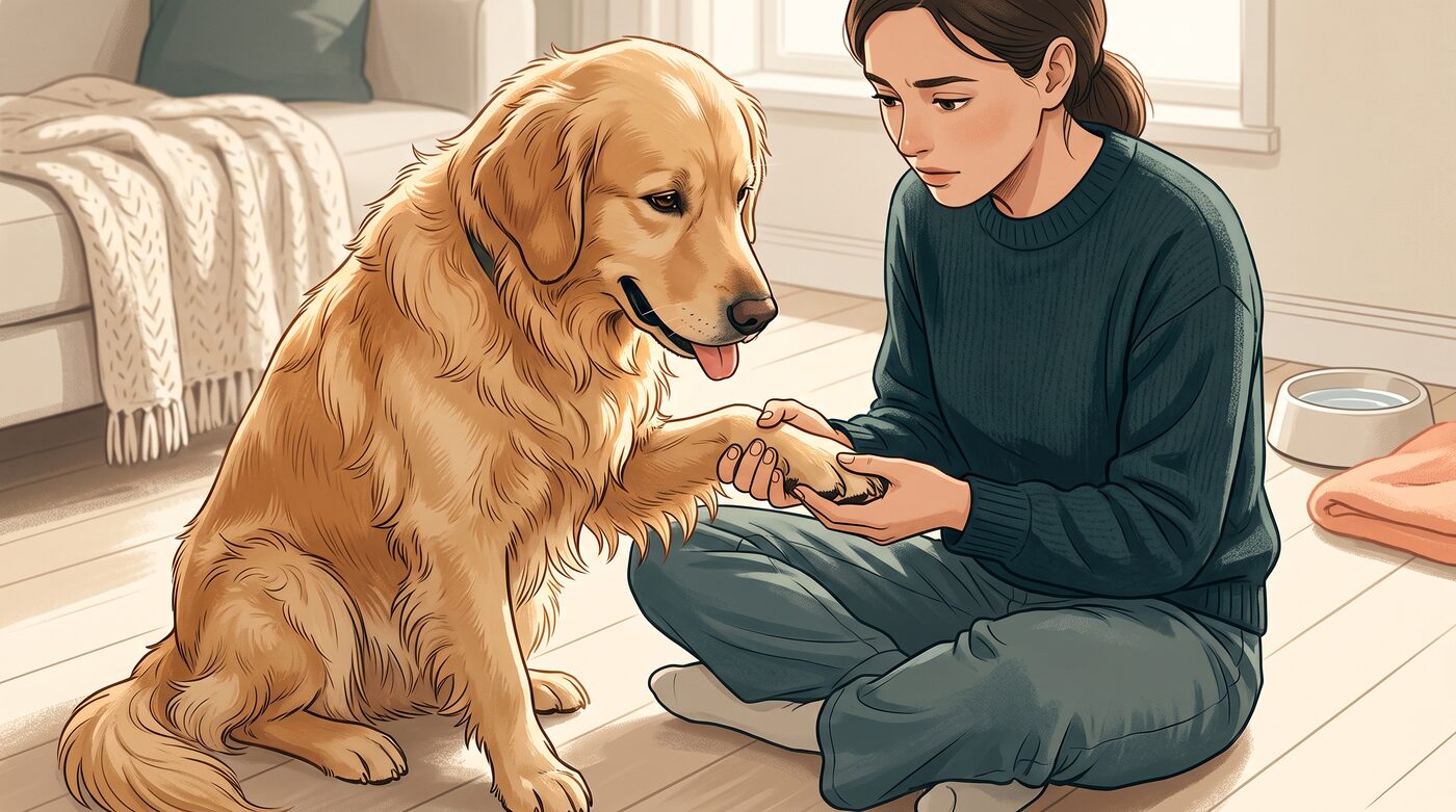 Tutora examinando cuidadosamente a pata do cachorro golden retriever sentado ao seu lado em casa