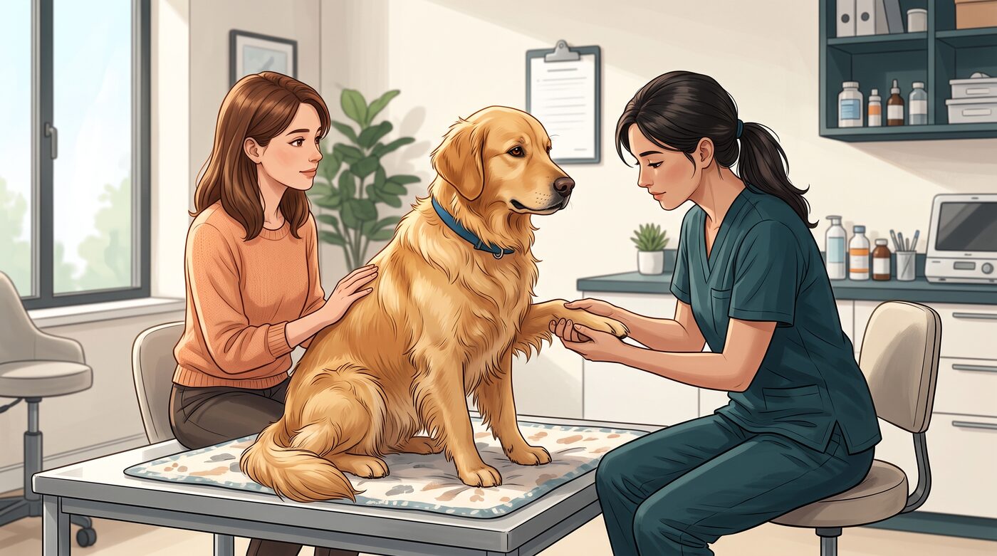 Veterinária examinando a pata do cachorro golden retriever sobre a mesa de exame, com a tutora ao lado