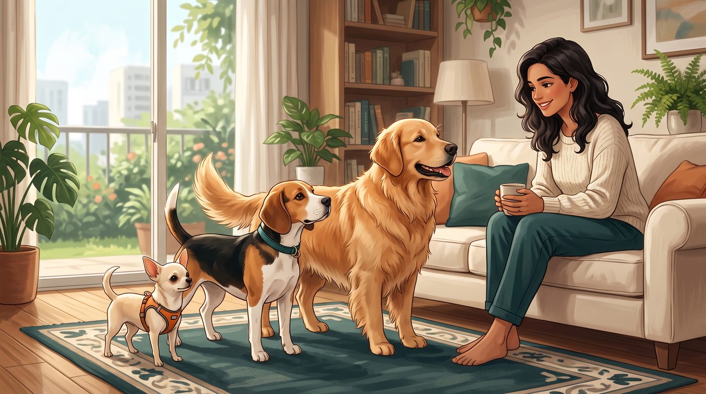 Tutora observando um chihuahua, um beagle e um golden retriever juntos, ilustrando as diferenças de porte entre raças