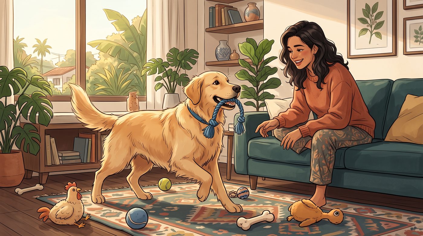 Golden retriever brincando animadamente com brinquedos espalhados pela sala, demonstrando energia típica de filhote mesmo já crescido