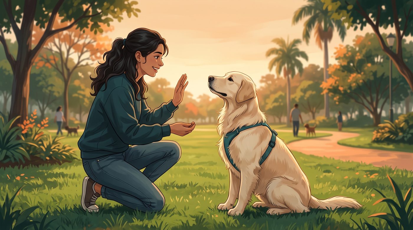 Tutora treinando cachorro golden retriever no parque ao entardecer, ensinando comando com a mão