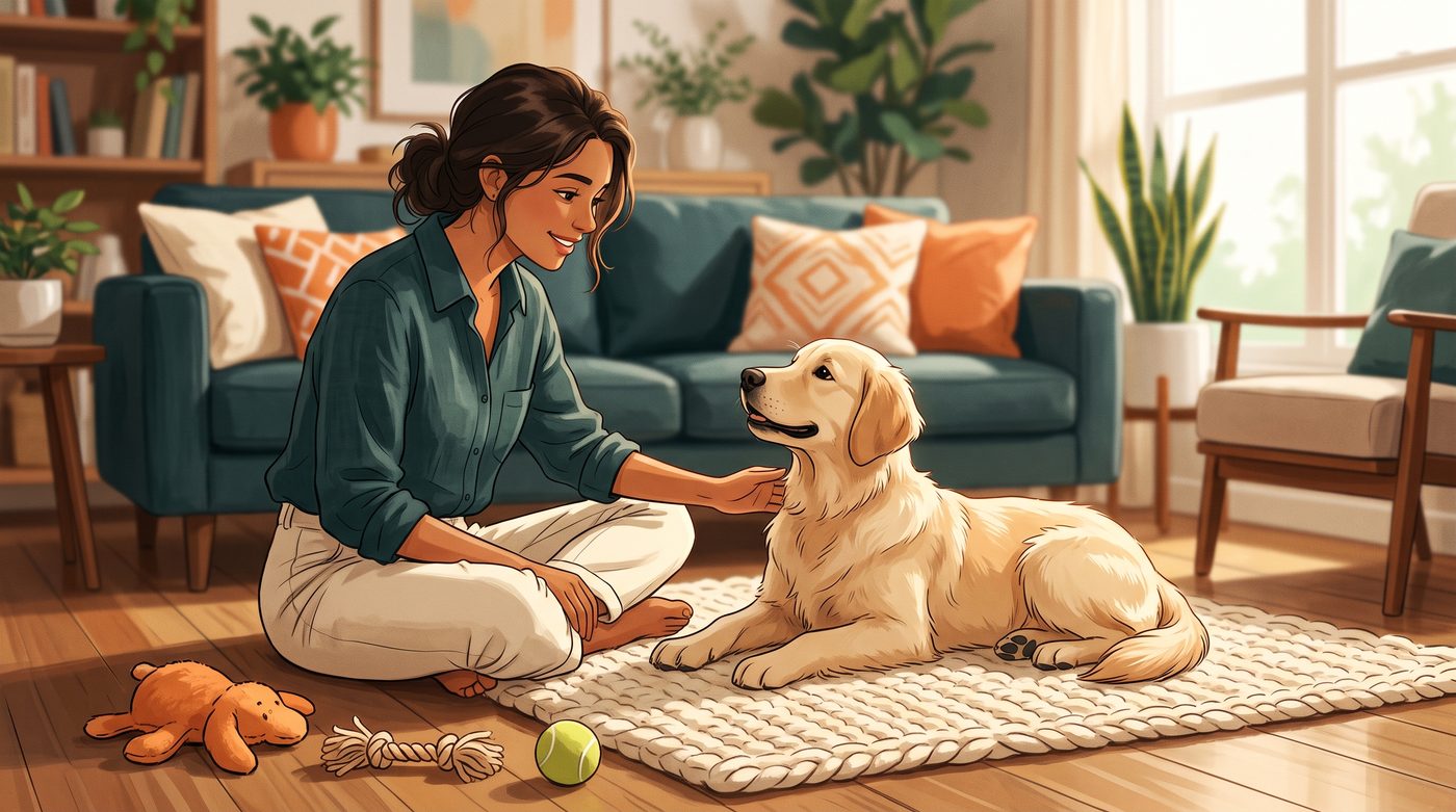 Cachorro aprendendo controle de impulsos com a tutora em ambiente doméstico tranquilo
