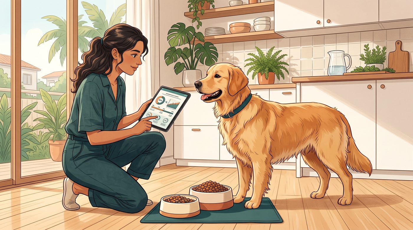 Tutora consultando informações de nutrição em tablet ao lado do cachorro e dos potes de ração na cozinha