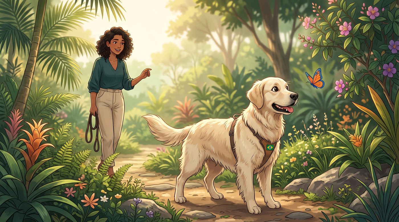 Tutora passeando com o cachorro em ambiente natural, cão explorando o entorno com curiosidade