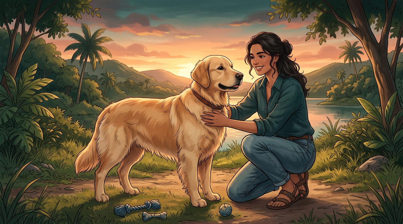 Tutora acariciando cachorro golden retriever calmo e maduro ao entardecer, demonstrando serenidade