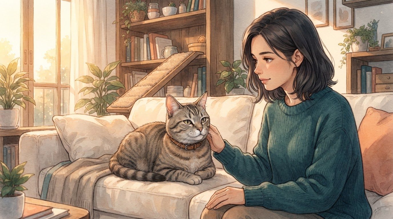 Tutora acariciando gato tabby deitado no sofá, ambiente aconchegante com estante e arranhador