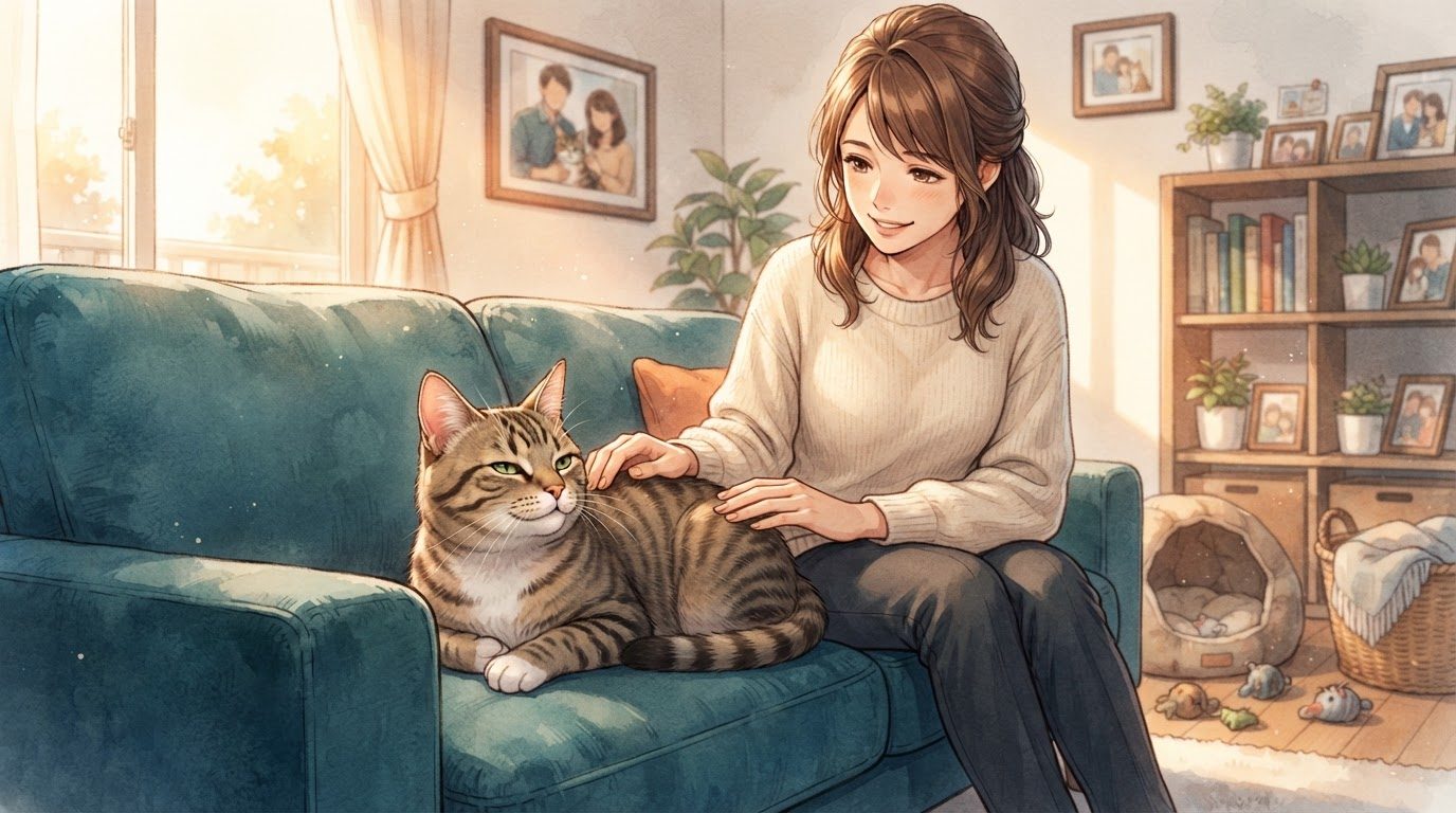 Tutora acariciando gato adulto no sofá, ambiente com fotos de família na estante