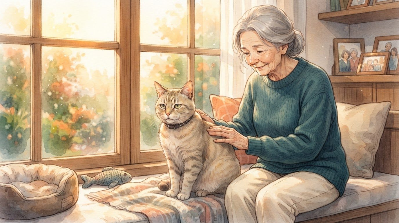 Senhora idosa acariciando gato sênior sentado à janela, ambiente iluminado e acolhedor