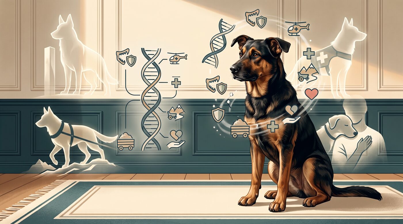 Ilustração de cachorro Pastor Alemão com elementos gráficos representando DNA, instinto e características genéticas
