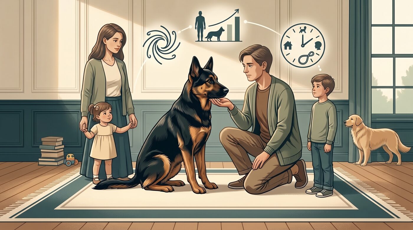 Família com crianças interagindo com cachorro Pastor Alemão, com ícones representando avaliação de compatibilidade e tempo de dedicação