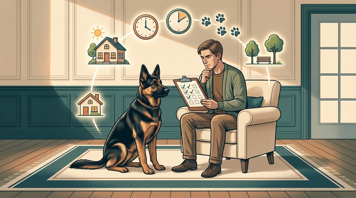 Cachorro Pastor Alemão em postura de alerta observando um homem em um ambiente com iluminação tensa