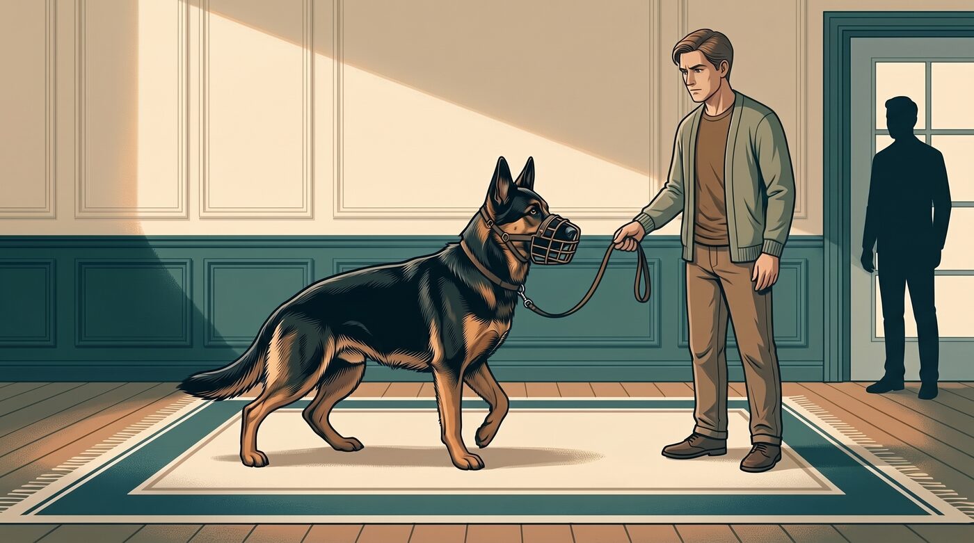 Homem segurando a guia de um cachorro Pastor Alemão com focinheira em um corredor, com outra pessoa ao fundo
