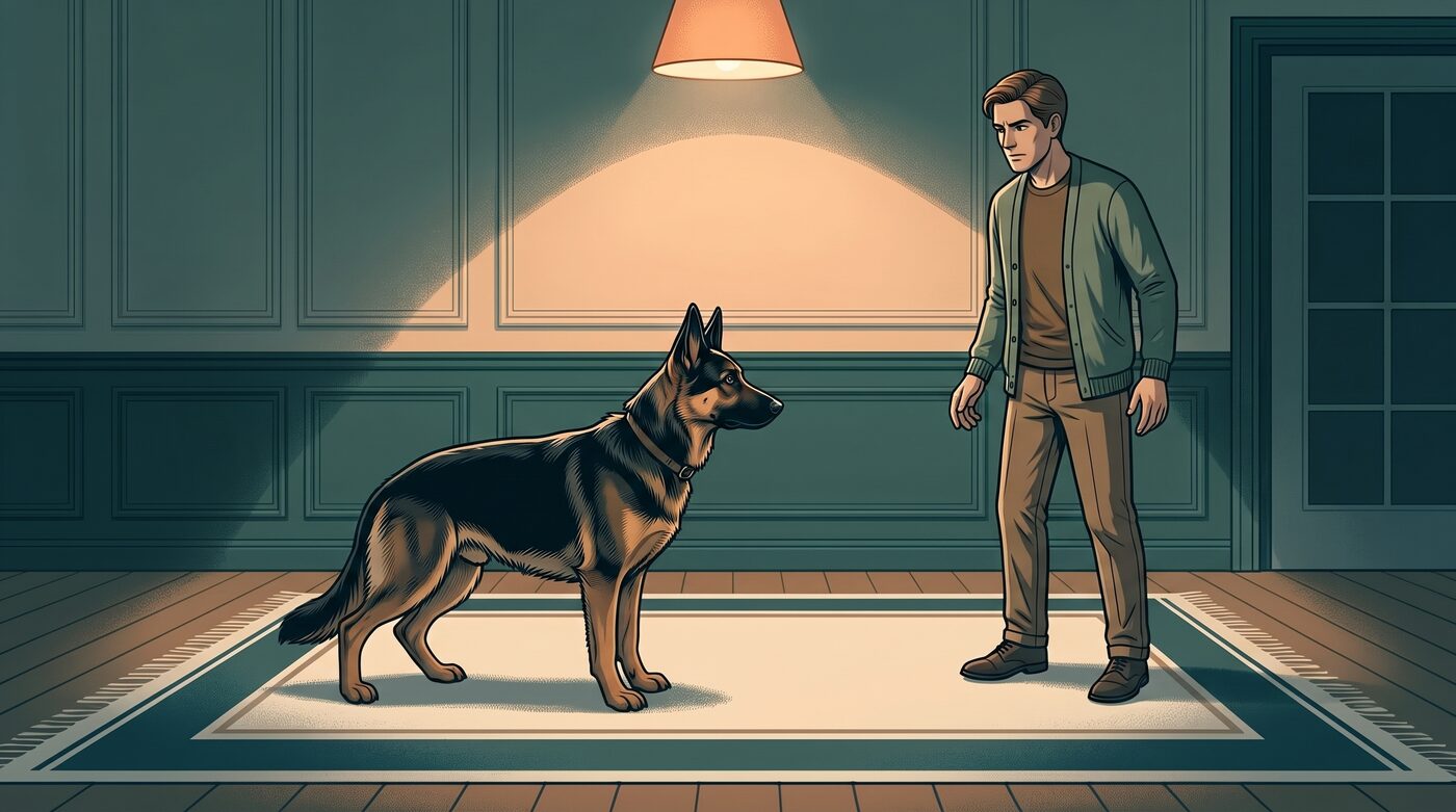 Homem sentado em poltrona analisando uma lista de checagem ao lado do cachorro Pastor Alemão, com ícones de casa, tempo e passeio