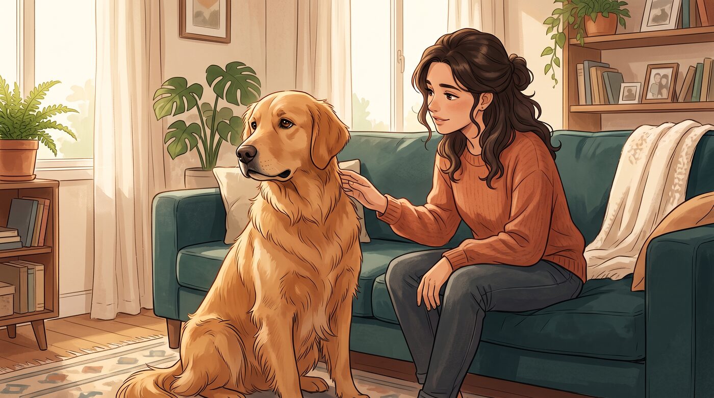 Cachorro golden retriever virando o rosto e evitando olhar diretamente para a tutora em um pátio
