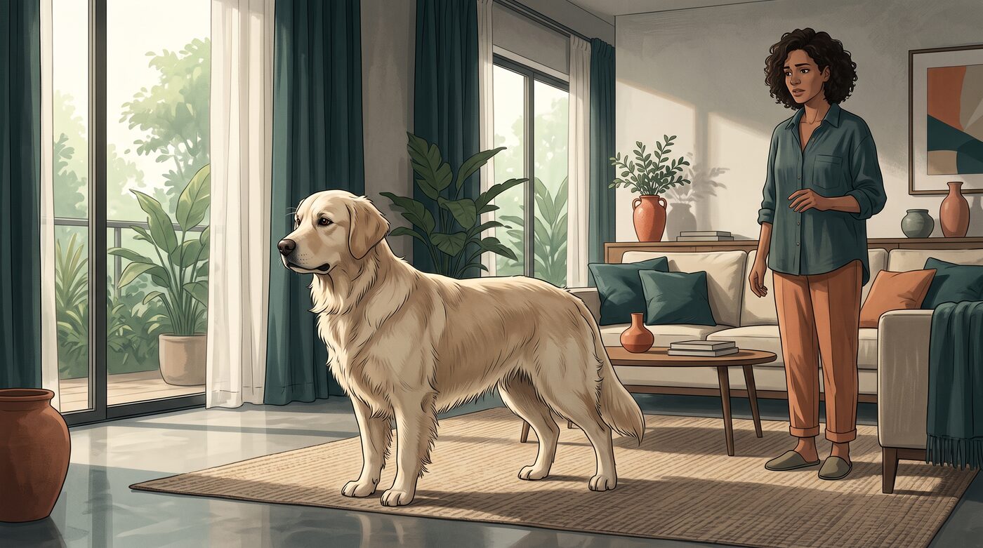Cachorro golden retriever lambendo o focinho sentado na sala, com a tutora sorrindo ao lado