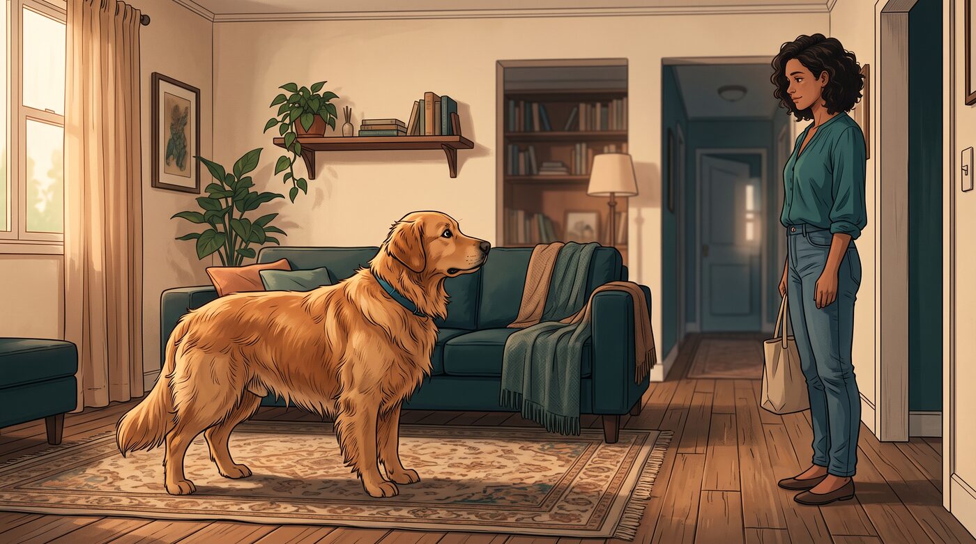 Cachorro golden retriever bocejando na sala de espera de uma clínica veterinária, com a tutora ao lado segurando a guia
