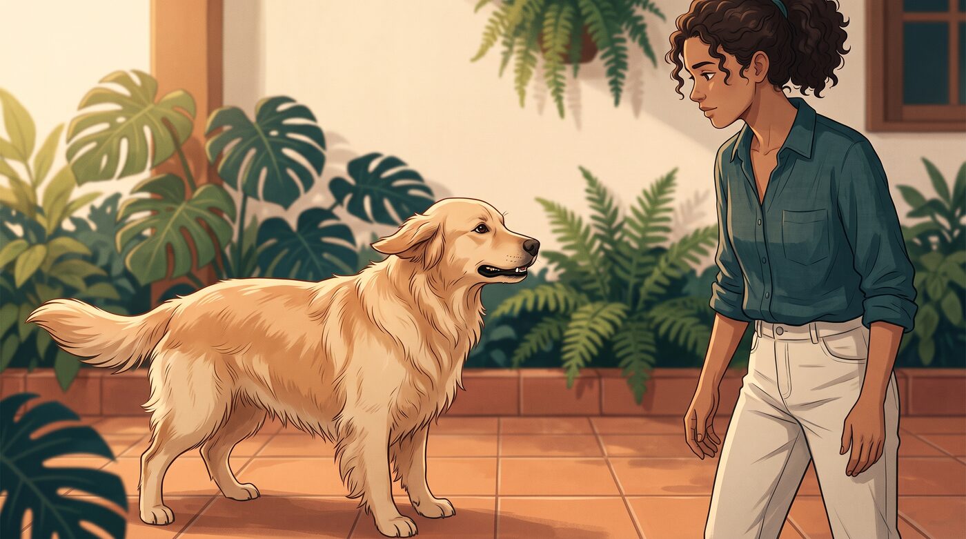 Tutora fazendo carinho no cachorro golden retriever sentado ao lado do sofá, observando a postura do corpo