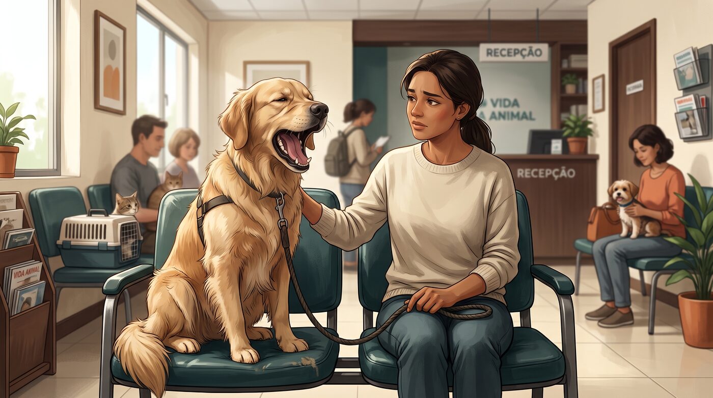 Cachorro golden retriever parado e rígido na sala, enquanto a tutora observa a uma certa distância segurando uma bolsa
