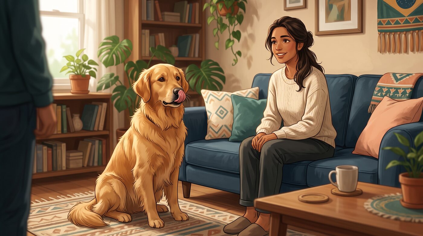 Cachorro golden retriever com o corpo tenso observando a tutora se aproximar em uma sala de estar