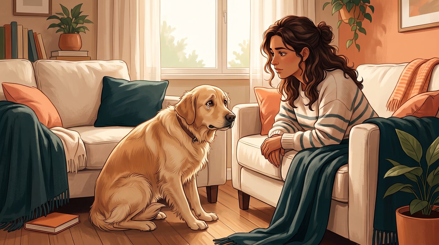 Cachorro golden retriever sentado próximo à tutora no sofá, com expressão de desconforto e olhar preocupado