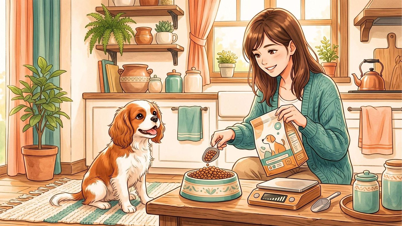 Tutora oferecendo nova ração ao filhote na cozinha, com balança e potes ao lado