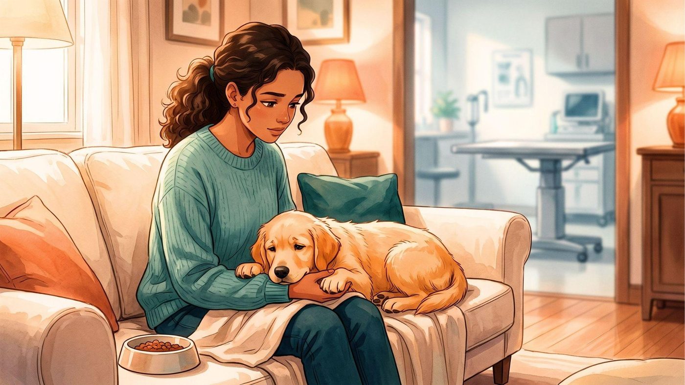 Tutora atenta observando o filhote durante a transição de ração