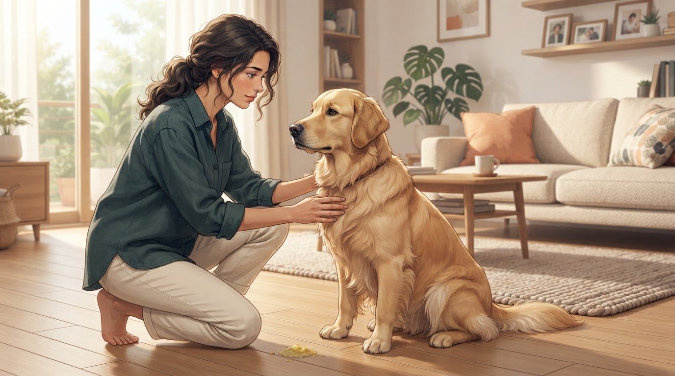 Tutora observando com atenção o cachorro golden retriever depois de um episódio de vômito na sala