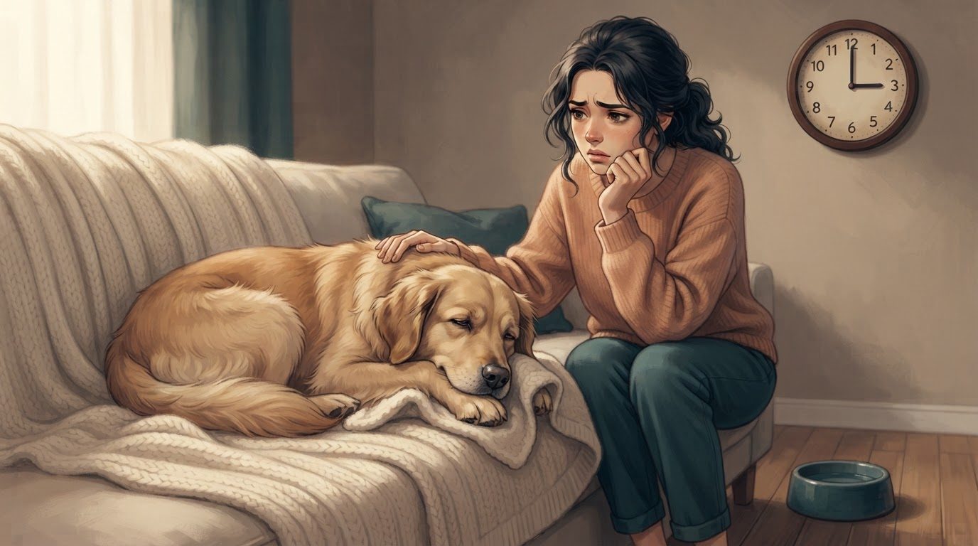 Tutora preocupada observando o cachorro descansar no sofá, relógio na parede marcando o tempo