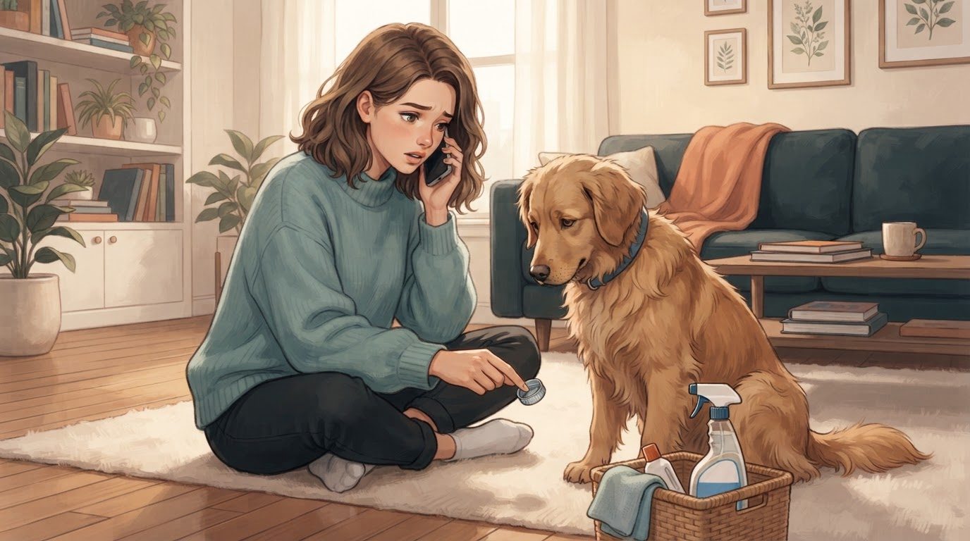Tutora ao telefone segurando a tampa de um produto de limpeza, cachorro golden retriever ao lado atento