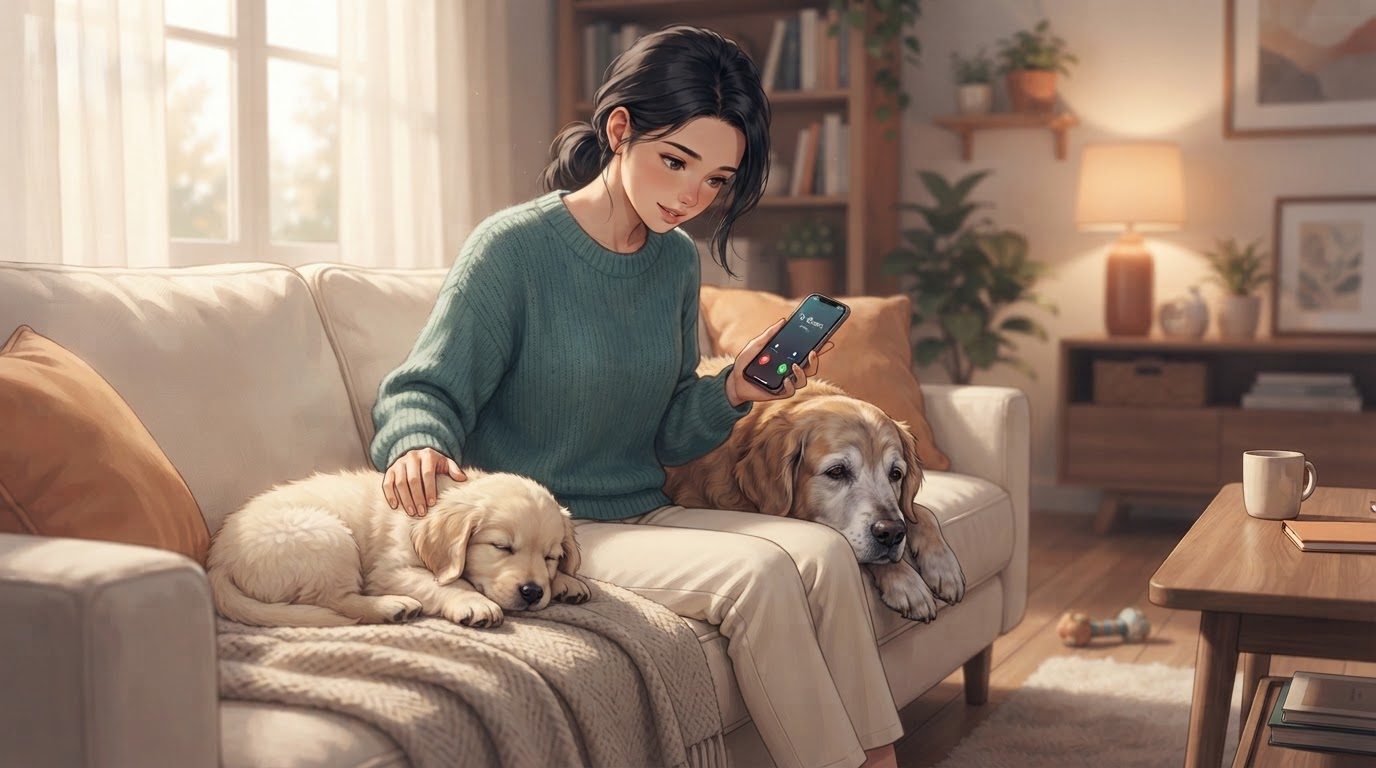Tutora sentada no sofá com um filhote e um cachorro idoso, atendendo uma ligação