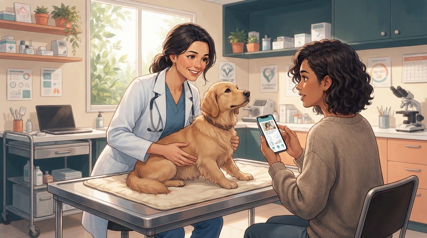 Veterinária examinando o cachorro na mesa de consulta enquanto a tutora mostra informações no celular